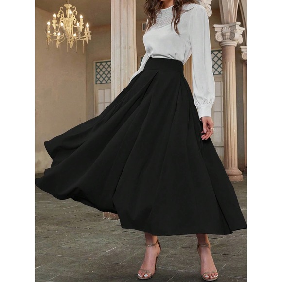 Midi Casual Flare Skirts High Waist Pleated Detail Flare Midi